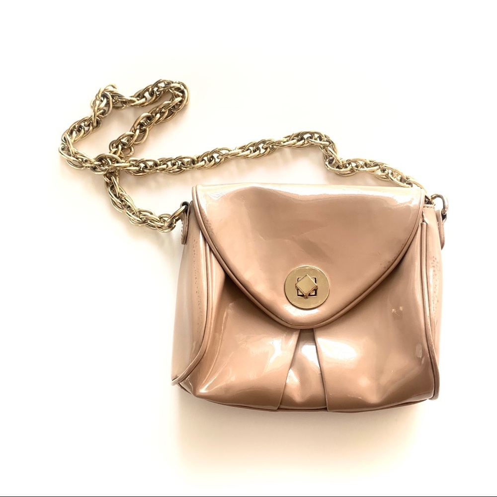 Zara Beige Patent Handbag with Gold Chain Strap